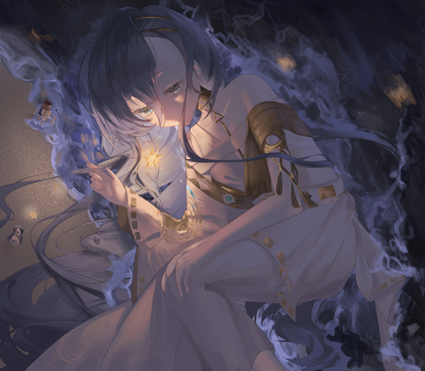 1girl 37_(reverse:1999) absurdres ancient_greek_clothes armlet bare_shoulders beach blue_hair feet_out_of_frame glowing gold_choker greco-roman_clothes half-closed_eyes hand_up highres ir0_0616 jewelry long_hair looking_at_object lying night ocean on_side parted_lips reverse:1999 sand solo stellated_octahedron toga very_long_hair