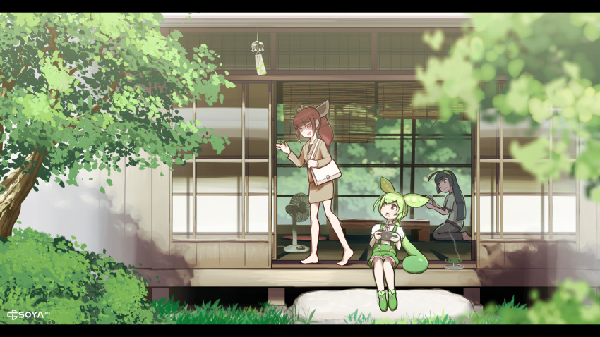 3girls aged_up ahoge alternate_costume architecture artist_logo bag bamboo_screen barefoot blade blunt_bangs blurry blurry_foreground brown_hair closed_mouth commentary_request day east_asian_architecture electric_fan eye_contact foliage from_outside grass green_hair green_hairband green_shorts grey_skirt hairband headgear highres hime_cut kasugai_isoya leaving letterboxed logo long_hair long_sleeves looking_at_another low_ponytail mosquito_coil multiple_girls nintendo_switch office_lady open_mouth outdoors pencil_skirt ponytail red_eyes seiza shorts shoulder_bag siblings sisters sitting skirt smile summer suspender_shorts suspenders tatami touhoku_kiritan touhoku_zunko tree veranda very_long_hair voiceroid voicevox waving wide_shot wind_chime yellow_eyes zundamon