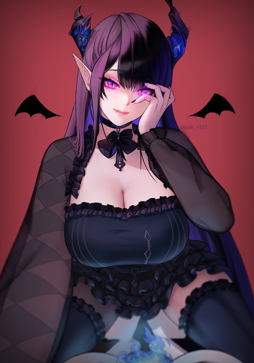2girls absurdres asymmetrical_horns bat_wings black_choker black_dress black_hair black_thighhighs black_wings blue_hair breasts choker colored_inner_hair commentary detached_wings dress elizabeth_rose_bloodflame elizabeth_rose_bloodflame_(1st_costume) english_commentary fangs frilled_dress frilled_thighhighs frills girl_on_top glowing glowing_eyes hand_up highres hololive hololive_english horns large_breasts lazik_1337 long_hair long_sleeves mini_wings mole mole_under_eye multicolored_hair multiple_girls nerissa_ravencroft outstretched_arm pointy_ears pov purple_eyes reaching reaching_towards_viewer red_background see-through_clothes see-through_sleeves sidelocks simple_background slit_pupils solo_focus straddling straight_hair thighhighs uneven_horns very_long_hair virtual_youtuber wings yuri