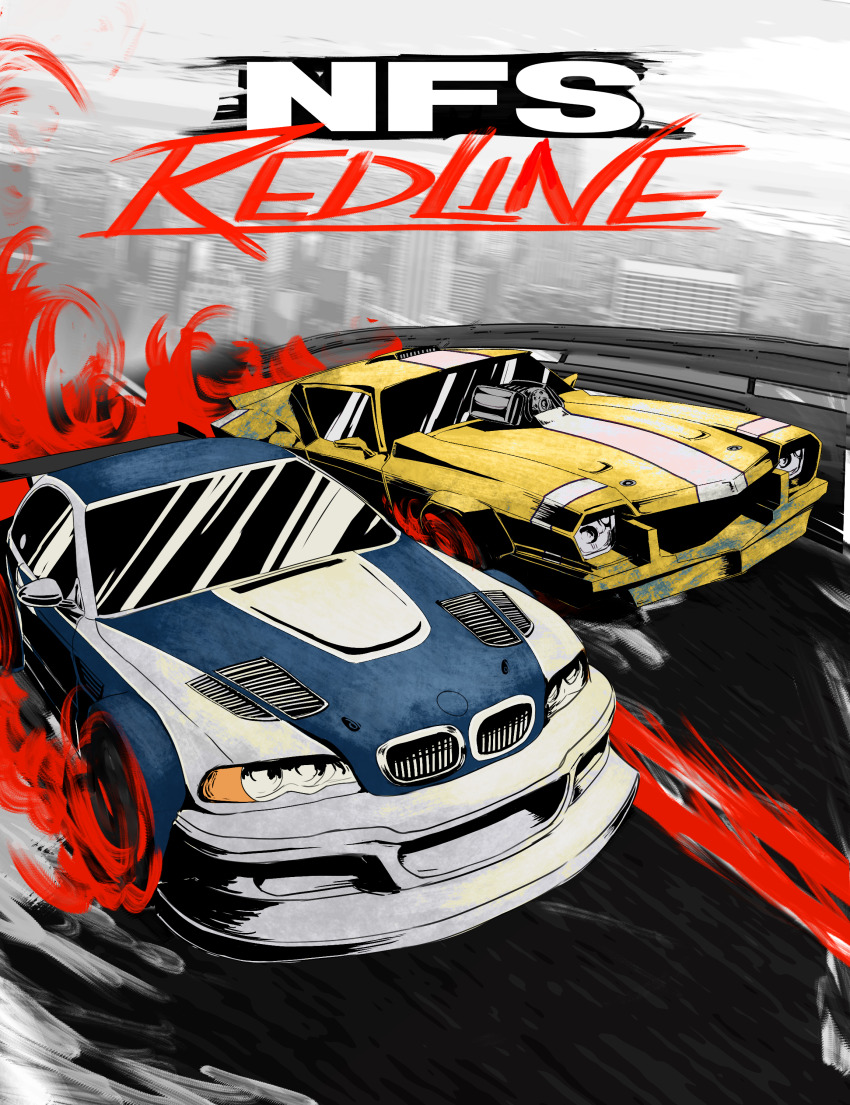 absurdres bmw bmw_3_series bmw_e46 bmw_m3 car commentary copyright_name crossover engine english_commentary highres need_for_speed need_for_speed:_most_wanted_(2005) racing redline spindle_(aidenr0) spoiler_(automobile) trans_am_20000_wr_(redline) vehicle_focus yellow_car