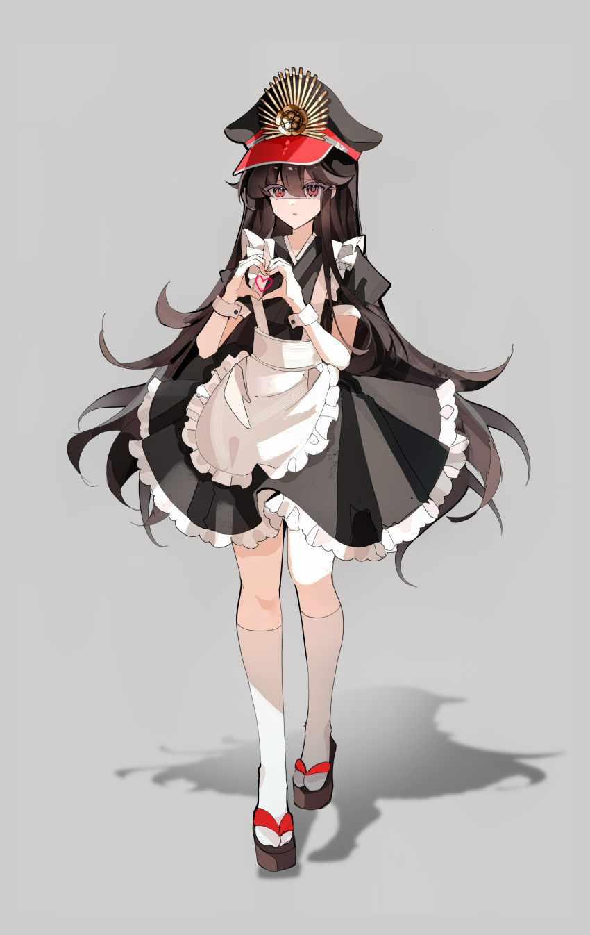 1girl absurdres alternate_costume apron black_dress black_hair black_hat dress enmaided fate/grand_order fate_(series) full_body hands_up hat heart heart_hands highres kneehighs long_hair looking_at_viewer maid maid_apron oda_nobunaga_(fate) oda_nobunaga_(koha-ace) peaked_cap puffy_short_sleeves puffy_sleeves red_eyes shaded_face short_sleeves simple_background socks solo white_apron white_socks xixing_chun