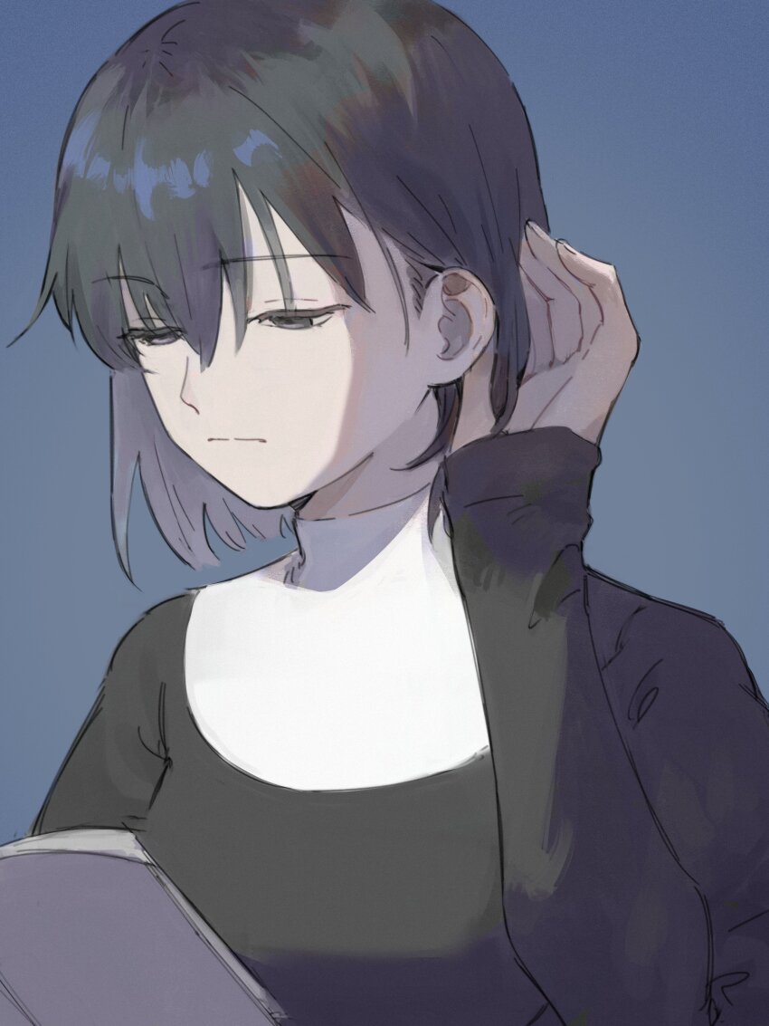 1girl absurdres adjusting_hair black_dress black_eyes blue_background book closed_mouth commentary_request dress half-closed_eyes highres holding holding_book juliet_sleeves kuonji_alice long_sleeves mahou_tsukai_no_yoru millonview619 open_book puffy_sleeves reading short_hair simple_background solo