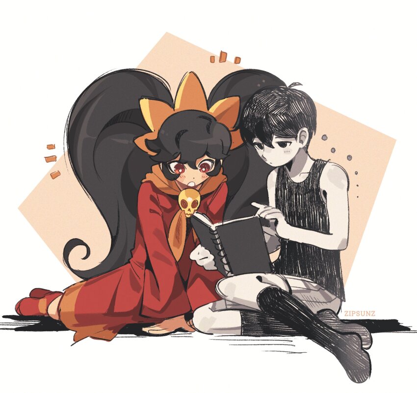 1boy 1girl :o ahoge arm_support artist_name ashley_(warioware) bare_arms bare_shoulders black_eyes black_hair black_socks black_tank_top blush book border bright_pupils closed_mouth colored_skin commentary commission crossover double-parted_bangs dress empty_eyes english_commentary flipped_hair full_body hair_behind_ear hair_between_eyes hatching_(texture) highres holding holding_sketchbook hooded_dress jitome kneehighs long_hair looking_at_object nintendo no_pupils no_shoes omori omori_(omori) open_book orange_background orange_hood outside_border red_dress red_eyes red_shoes second-party_source shadow shoes short_hair shorts simple_background sitting sketchbook skull_brooch socks striped_clothes striped_shorts tank_top twintails v_arms vertical-striped_clothes vertical-striped_shorts very_long_hair very_short_hair warioware white_border white_pupils white_shorts white_skin yokozuwari zipsunz