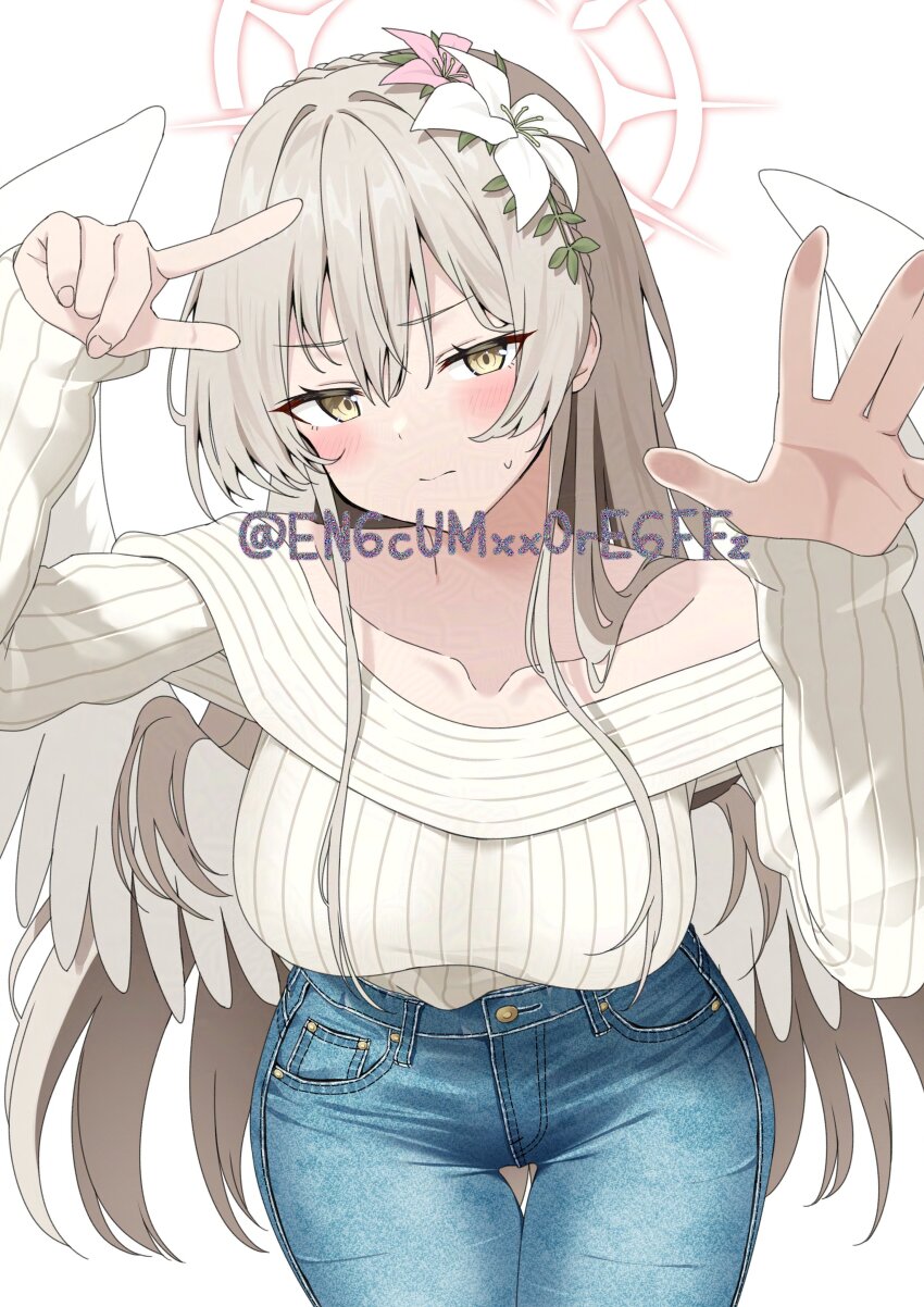 1girl absurdres adversarial_noise alternate_costume angel_wings bare_shoulders blue_archive blue_pants blush braid breasts brown_hair casual closed_mouth collarbone commentary cowboy_shot crown_braid denim feathered_wings flower hair_between_eyes hair_flower hair_ornament halo hands_up highres index_finger_raised jeans large_breasts leaning_forward long_hair long_sleeves looking_at_viewer nagisa_(blue_archive) off-shoulder_sweater off_shoulder pants pink_flower pink_halo ribbed_sweater simple_background sleeves_past_wrists solo standing sweatdrop sweater sweater_tucked_in twitter_username very_long_hair watermark white_background white_flower white_sweater white_wings wings yamano_rokamizu