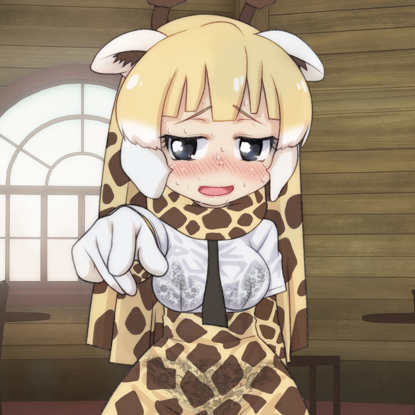 1girl animal_ears animal_print black_eyes blush bra breasts floral_print giraffe_ears giraffe_girl giraffe_horns giraffe_print gloves horns hot kemono_friends long_hair looking_at_viewer medium_breasts multicolored_hair open_mouth orange_gloves orange_hair orange_scarf orange_skirt pointing pointing_at_viewer print_bra print_gloves print_scarf print_skirt reticulated_giraffe_(kemono_friends) scarf see-through_clothes see-through_shirt shirt short_sleeves skirt standing sweat t_jiroo_(ringofriend) two-tone_hair underwear wet wet_clothes wet_shirt white_bra white_gloves white_hair white_shirt window
