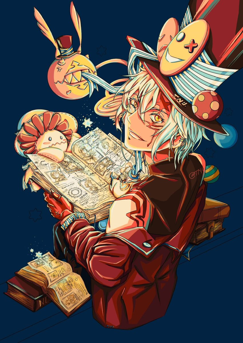 1other 2boys allen_walker ayoshide05 ball bare_shoulders blue_background blue_hat blue_ribbon blue_shirt body_markings book brown_hat brown_pants brown_shirt coat coat_partially_removed colored_extremities creature cross cross_earrings d.gray-man doll ear_piercing earrings facial_mark facing_away golem_(d.gray-man) grin hair_between_eyes hat hat_ornament hat_ribbon highres holding holding_book jewelry large_hat lavi looking_at_another looking_at_viewer looking_back lucia_(d.gray-man) male_focus mana_walker millennium_earl mini_person monocle multiple_boys nea_d_campbell open_book pants parted_lips past_lavi_(d.gray-man) picture_book piercing possessed red_coat ribbon road_kamelot scar scar_on_face sharp_teeth shirt short_hair shoulder_tattoo sidelocks signature sitting sleeveless sleeveless_shirt smile sparkle star_(symbol) star_facial_mark striped_clothes striped_ribbon striped_shirt stuffed_toy tail tattoo teeth timcanpy white_hair white_stripes wings yellow_coat yellow_eyes yellow_stripes