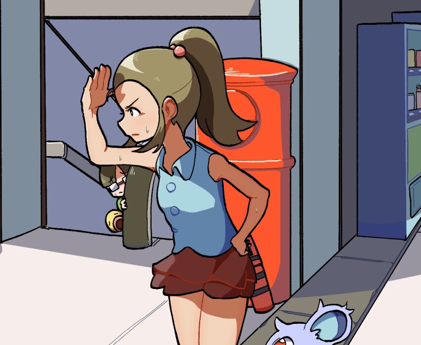 1boy 1girl 2049_(hh5566) bare_shoulders bellsprout bespectacled blouse breasts brown_hair day determined forehead gen_1_pokemon glasses hair_bobbles hair_ornament hand_on_own_hip hand_up hot leaning_forward looking_afar miniskirt nidoran nidoran_(female) nintendo npc_trainer pokemon pokemon_oras ponytail scared school_kid_(pokemon) shirt sidelocks skirt sleeveless sleeveless_shirt small_breasts summer sweat v-shaped_eyebrows