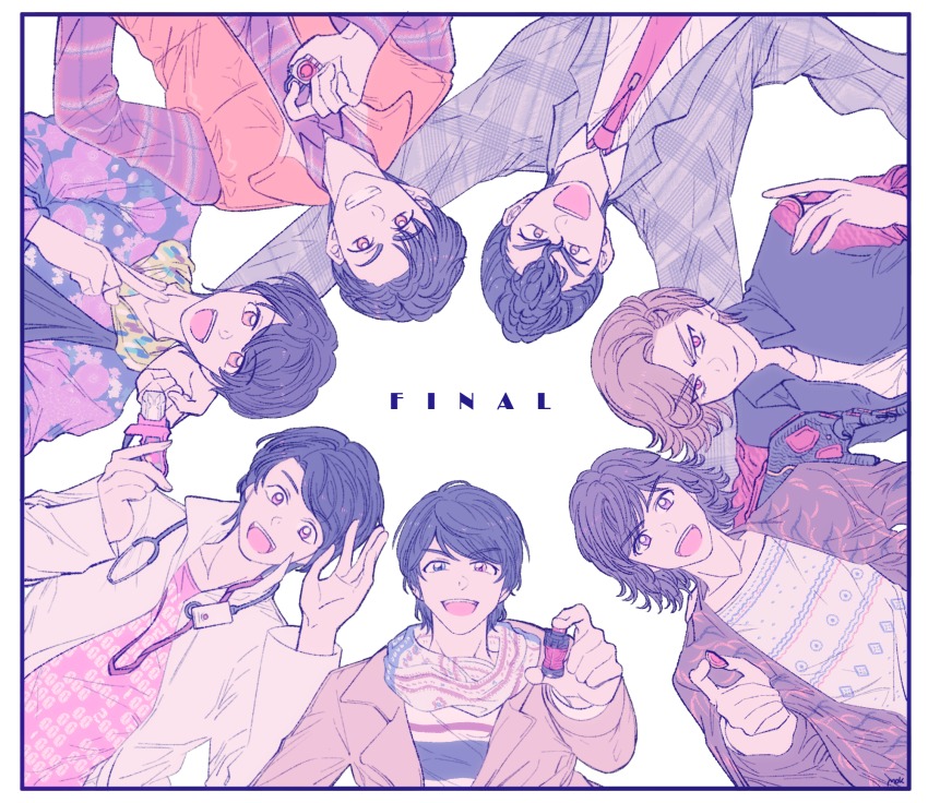 6+boys ankh_(ooo) arms_up black_border black_hair blonde_hair border circle_formation doctor formal_clothes heterochromia highres hino_eiji houjou_emu kamen_rider kamen_rider_build_(series) kamen_rider_ex-aid_(series) kamen_rider_fourze_(series) kamen_rider_gaim_(series) kamen_rider_ghost_(series) kamen_rider_ooo_(series) kazuraba_kouta kiryuu_sento kisaragi_gentarou lab_coat male_focus mok921 multiple_boys necktie pompadour scarf sleeveless_jacket smile stethoscope suit tenkuuji_takeru