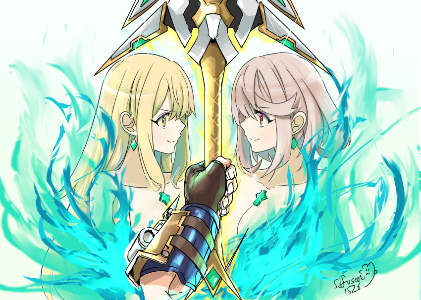 1boy 2girls blonde_hair blue_fire chest_jewel core_crystal_(xenoblade) fire hand_focus highres holding holding_sword holding_weapon long_hair multiple_girls mythra_(xenoblade) nude pyra_(xenoblade) red_eyes red_hair rex_(xenoblade) short_hair signature simple_background sofusan1526 sword weapon white_background xenoblade_chronicles_(series) xenoblade_chronicles_2 xenoblade_chronicles_3 yellow_eyes