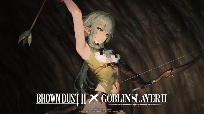 1girl absurdres angry armpits arrow_(projectile) artist_request bow_(weapon) breasts brown_dust_(series) brown_dust_2 elf english_text gloves goblin_slayer! green_eyes green_hair high_elf_archer_(goblin_slayer!) highres holding holding_arrow official_art official_wallpaper pointy_ears small_breasts torn_clothes weapon