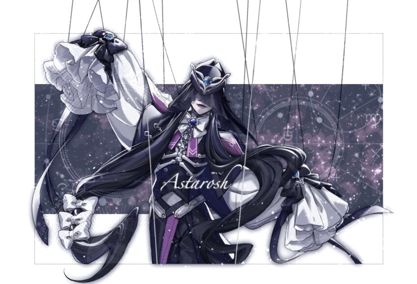 1boy :d black_bow black_hair black_hat black_jacket black_pants black_veil border bow bowtie cancer_(symbol) closed_eyes cowboy_shot dancing facing_viewer frilled_sleeves frills garrison_cap gen_5_pokemon gothitelle hair_bow hand_up hat highres jacket layered_sleeves lollypopcandy8050 long_sleeves male_focus nintendo open_mouth outside_border outstretched_arms pants parted_lips personification pokemon puppet_strings purple_ribbon ribbon shirt short_hair_with_long_locks short_over_long_sleeves short_sleeves sky sleeve_bow sleeves_past_fingers sleeves_past_wrists smile solo spread_arms standing star_(sky) starry_sky veil veil_over_eyes virgo_(symbol) waist_cape white_border white_bow white_bowtie white_shirt