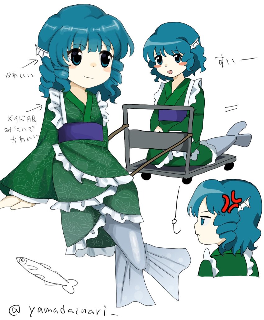 anger_vein blue_hair cart drill_hair drill_sidelocks fins fish_hook frilled_kimono frills green_kimono head_fins highres japanese_clothes kimono kneeless_mermaid mermaid monster_girl sidelocks touhou wakasagihime yamadainari