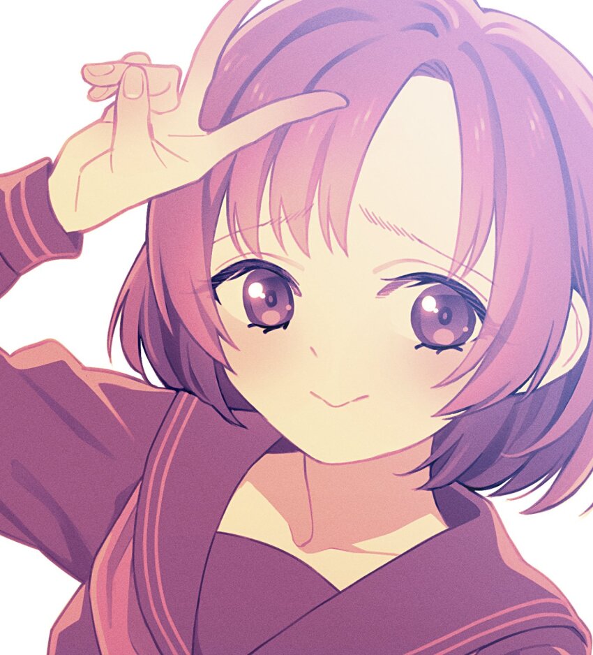 1girl :&gt; greyscale highres medium_hair monochrome original portrait sailor_collar school_uniform sepia serafuku smile solo ukokkei v