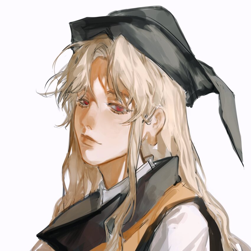 1girl black_headwear blonde_hair closed_mouth commentary heinrich_(fernanderuddle) highres long_earlobes long_hair looking_at_viewer matara_okina red_eyes simple_background solo symbol-only_commentary touhou upper_body white_background