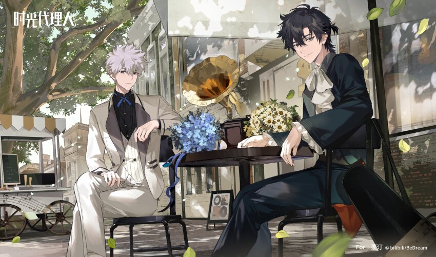 2boys absurdres ameinu ascot black_hair black_pants black_suit blue_flower bouquet bow bowtie chair cheng_xiaoshi copyright_name crossed_legs flower formal_clothes full_body hair_between_eyes highres long_sleeves looking_at_viewer lu_guang male_focus multiple_boys outdoors pants shiguang_dailiren shirt short_hair sitting smile suit table tree white_ascot white_flower white_hair white_pants white_suit