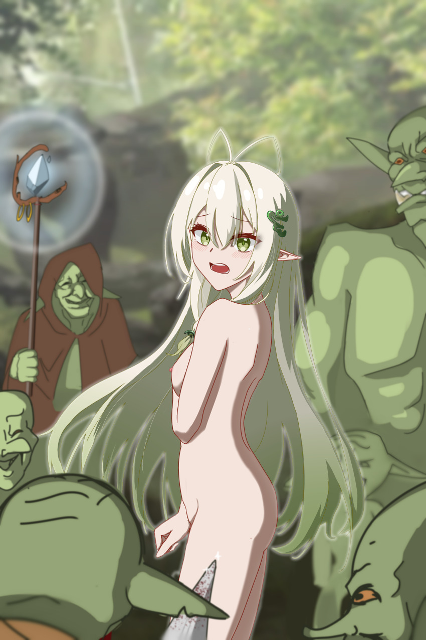 1girl 6+boys absurdres breasts elf goblin green_eyes green_hair highres long_hair multiple_boys nude outdoors pointy_ears saucecafe small_breasts