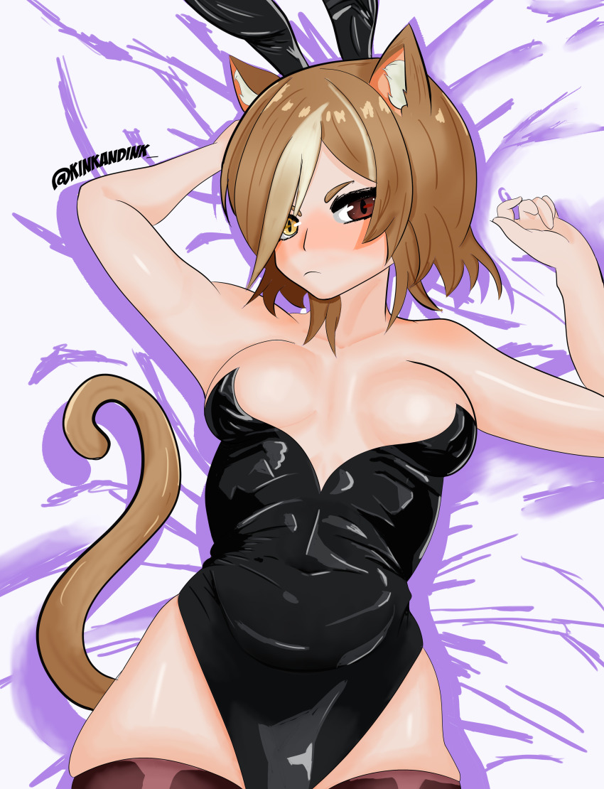 1girl absurdres animal_ears black_thighhighs blush borrowed_character breasts brown_hair cat_ears cat_tail heterochromia highres kinkandink latex latex_leotard leotard mao_(adramallih) on_bed playboy_bunny serious short_hair small_breasts tail thick_thighs thighhighs thighs