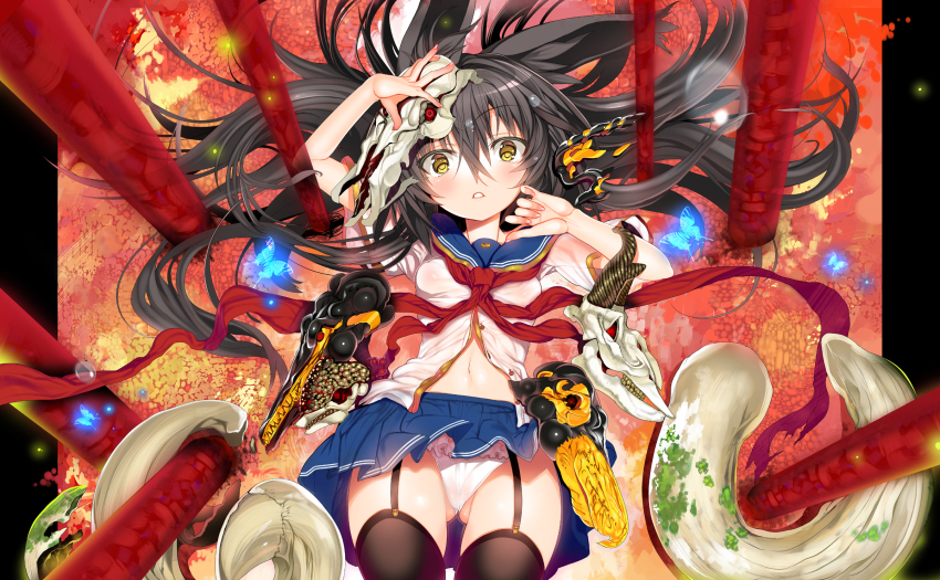 1girl animal_ears black_hair black_thighhighs blush bra char female_focus from_above garter_straps hair_spread_out highres horns long_hair necro-san open_mouth original panties revision ribbon school_uniform see-through_clothes skirt skull solo thighhighs underwear yellow_eyes