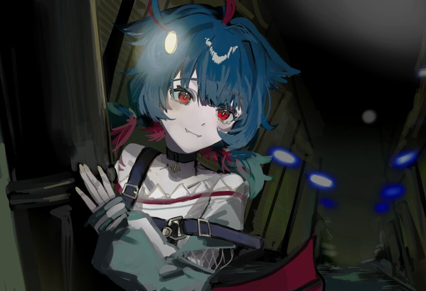 1girl absurdres anchor anglerfish_girl antenna_hair antennae bare_shoulders bioluminescence blue_hair blue_overalls commentary darkness dutch_angle english_commentary fangs fingernails fish_girl glowing gureru_(r_grey1204) highres indie_virtual_youtuber kitanya_nyanta lamppost light_blush long_bangs long_fingernails long_sleeves multicolored_hair night overalls pale_skin petite purple_hair red_eyes road second-party_source sharp_teeth short_twintails sidelocks solo street teeth twintails upper_body virtual_youtuber