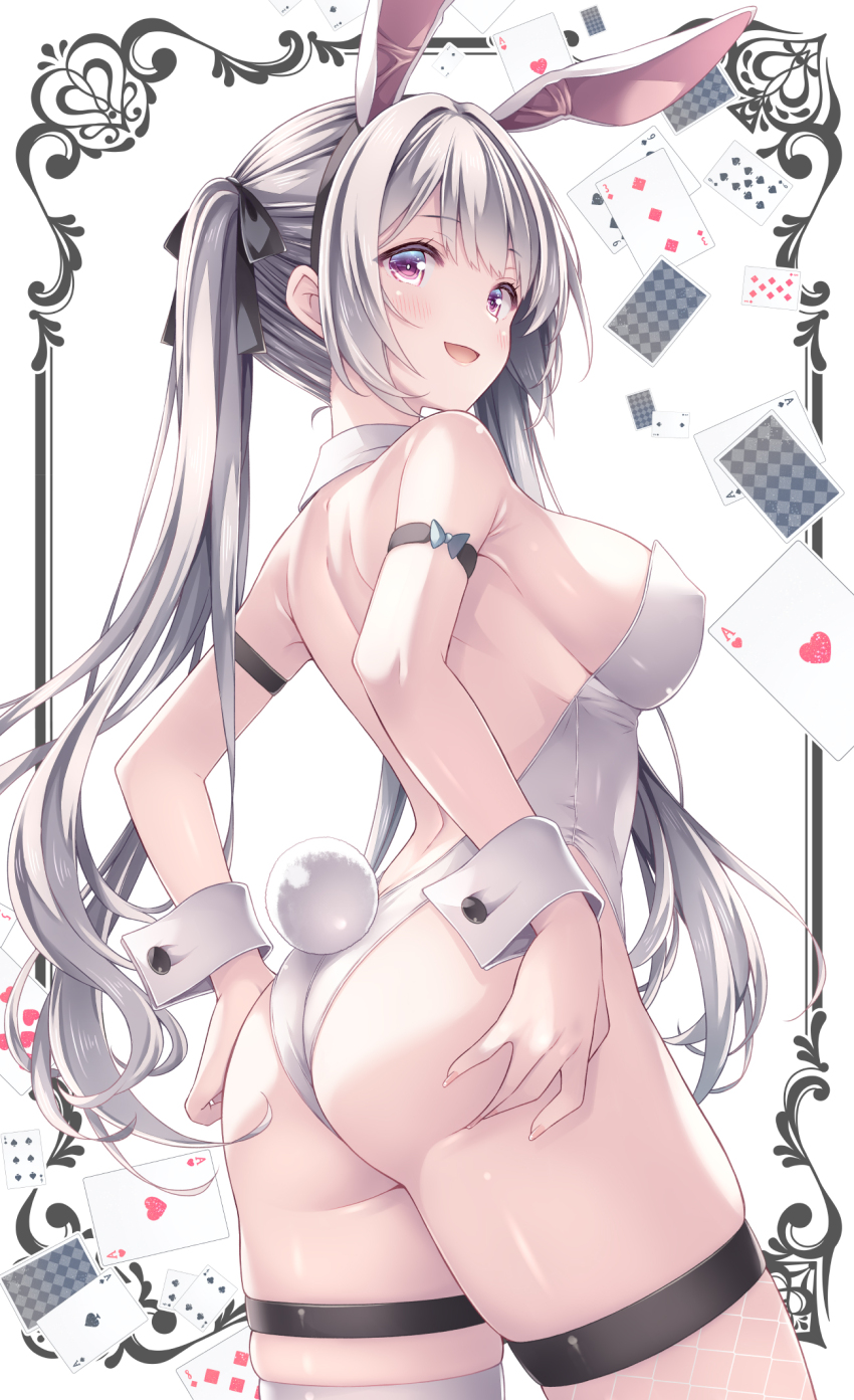 1girl ace_(playing_card) ace_of_hearts ace_of_spades animal_ear_hairband animal_ears ass back bare_shoulders black_hairband blush breasts card commentary_request cowboy_shot detached_collar diamond_(shape) fake_animal_ears fake_tail floating_card from_behind grey_hair hair_ornament hairband hand_on_own_ass heart highleg highleg_leotard highres large_breasts leotard long_hair looking_at_viewer looking_back open_mouth original playboy_bunny playing_card rabbit_ear_hairband rabbit_ears rabbit_tail ryo_(botugo) sideboob simple_background single_fishnet_legwear smile solo spade_(shape) strapless strapless_leotard tail thigh_strap thighs twintails underbutt white_background white_leotard white_wrist_cuffs wrist_cuffs