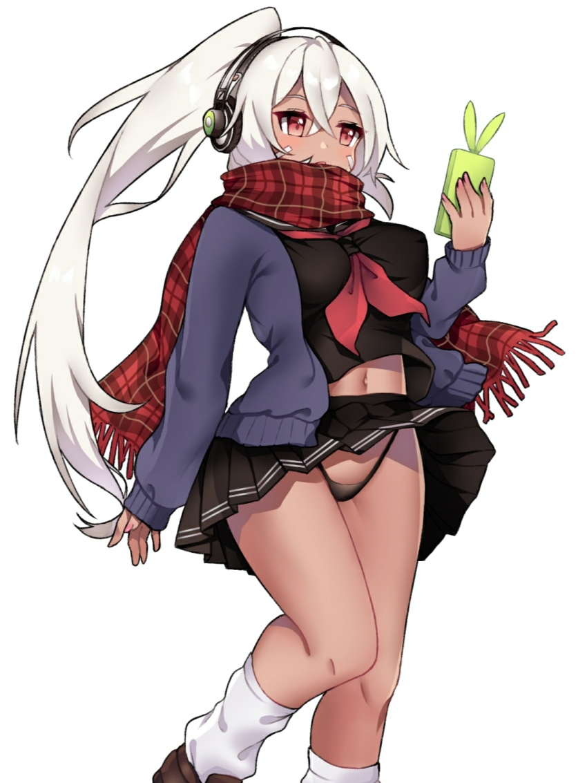 10komorimori 1girl alternate_costume azur_lane black_panties black_skirt breasts brown_shoes cardigan cellphone clothes_lift crossed_bangs dark-skinned_female dark_skin facepaint female_focus groin_tendon hair_between_eyes hand_up headphones high_ponytail highleg highleg_panties highres holding holding_phone loafers long_hair long_sleeves looking_at_phone loose_socks medium_breasts midriff minneapolis_(azur_lane) minneapolis_(wild_huntress_schoolgirl)_(azur_lane) nail_polish native_american navel neckwear_between_breasts open_cardigan open_clothes open_mouth panties phone pink_nails plaid_clothes plaid_scarf pleated_skirt ponytail red_eyes red_neckwear scarf scarf_over_mouth shoes simple_background skirt skirt_lift sleeves_past_wrists smartphone socks solo thighs thong underwear walking white_background white_hair white_legwear wind wind_lift