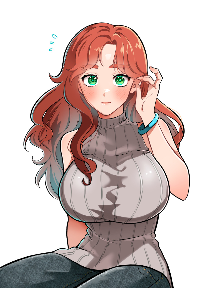 1girl bracelet breasts commentary_request flying_sweatdrops ginger_(my_time_at_portia) green_eyes highres jewelry large_breasts long_hair mugicha_(zoro1132) my_time_at_portia orange_hair ribbed_shirt shirt sitting sleeveless sleeveless_turtleneck solo thick_eyebrows turtleneck
