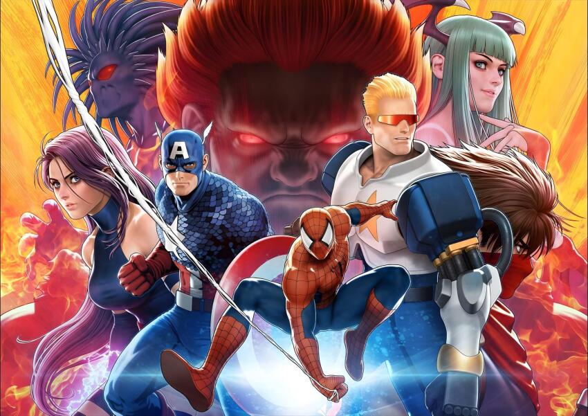 akuma_(street_fighter) blackheart_(marvel) capcom captain_america captain_commando captain_commando_(character) darkstalkers highres marvel marvel_vs._capcom mori_toshiaki morrigan_aensland official_art psylocke spider-man street_fighter strider_(video_game) strider_hiryuu tagme