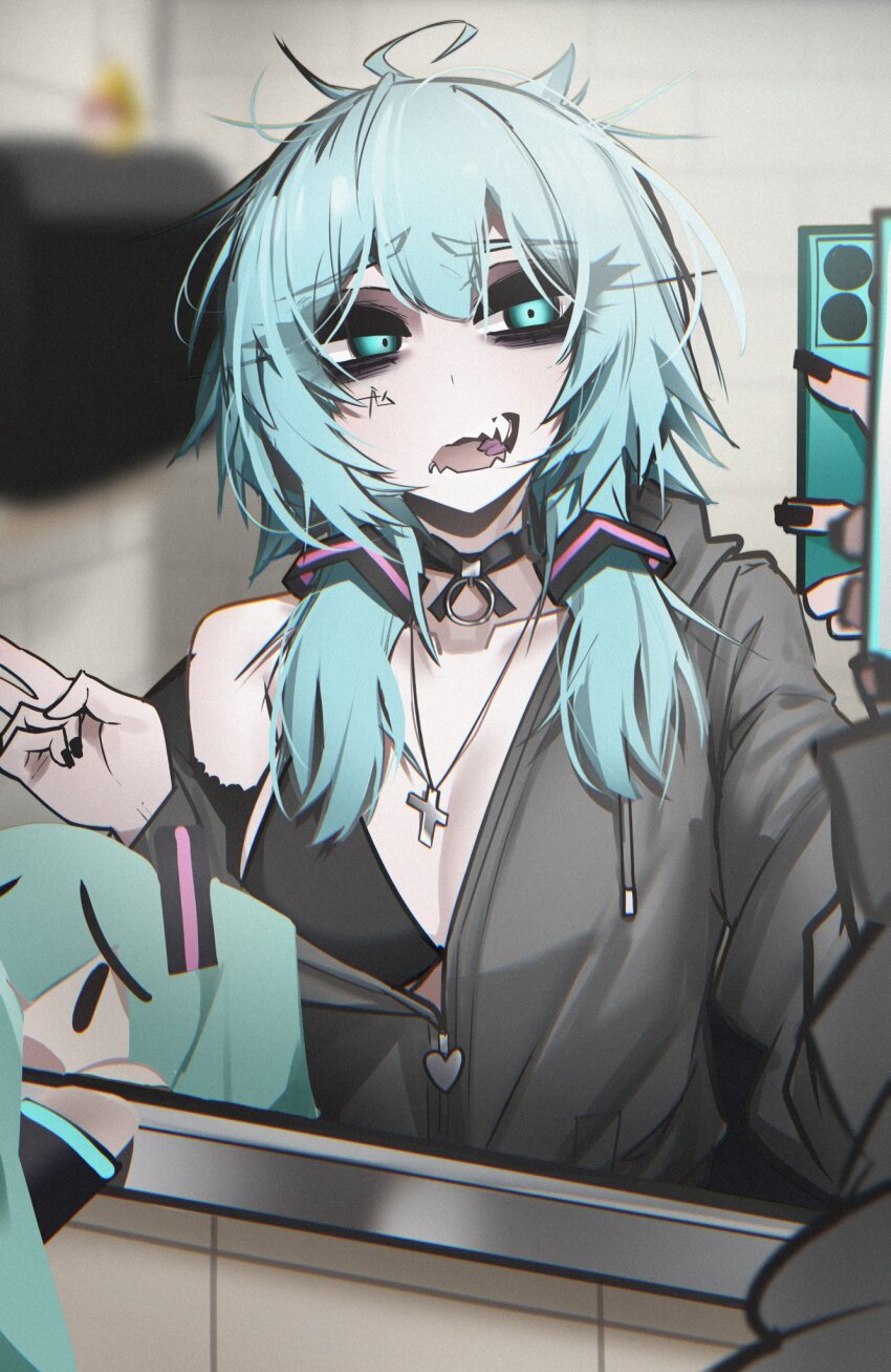 1girl ace_glitch ahoge alternate_hairstyle black_bra black_nails blue_eyes blue_hair blurry blurry_background bra breasts cellphone character_doll cleavage commentary cross cross_necklace doll double-parted_bangs english_commentary facing_viewer fingernails grey_hoodie hand_up hatsune_miku highres holding holding_phone hood hoodie indoors jewelry large_breasts long_hair looking_at_phone messy_hair mirror mirror_selfie nail_polish necklace open_mouth pearto phone selfie sharp_teeth single_bare_shoulder smartphone solo stuffed_toy teeth underwear vocaloid wolf_cut zipper_pull_tab