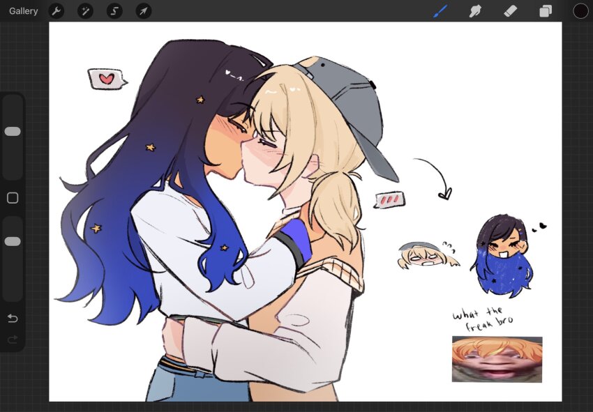 1boy 2girls alternate_skin_color art_program_in_frame azusawa_kohane baseball_cap black_hair blonde_hair blue_hair closed_eyes commentary dark-skinned_female dark_skin english_commentary english_text gradient_hair grey_hat hand_on_another&#039;s_shoulder hand_on_another&#039;s_waist hat heart highres kiss m1dnight3clipse multicolored_hair multiple_girls project_sekai shinonome_akito shiraishi_an shirt spoken_blush spoken_heart twintails white_shirt yuri