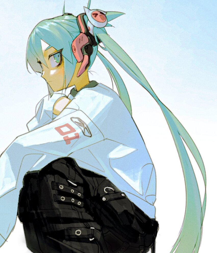 1girl alternate_costume aqua_eyes aqua_hair black_pants cameo clothes_writing from_side hair_ornament hatsune_miku headset highres jitome long_hair long_sleeves looking_at_viewer pants profile simple_background solo squatting streetwear sweater taiko_no_tatsujin twintails very_long_hair vinne vocaloid wada_don white_background white_sweater