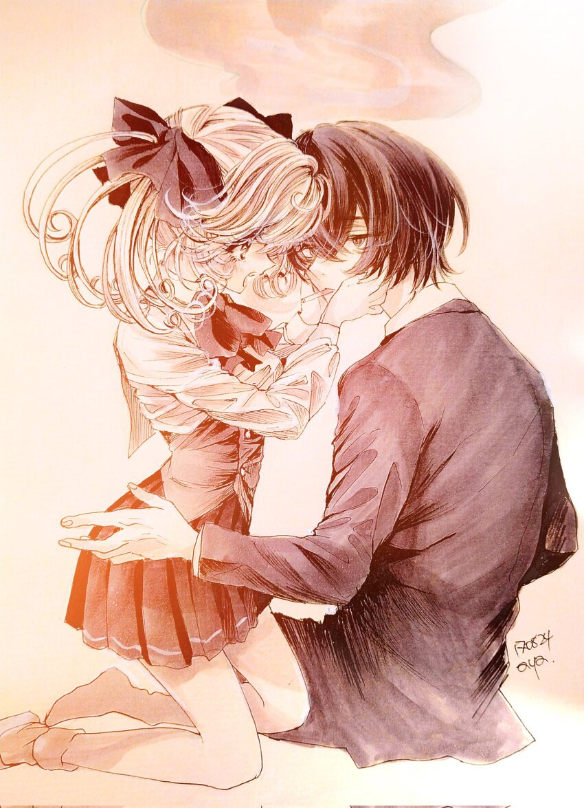 1boy 1girl aya_carmine bow cigarette expressionless eye_contact formal_clothes greyscale hair_bow hands_on_another&#039;s_face highres hitomi_hirosuke_(sayonara_wo_oshiete) kneeling looking_at_another millipen_(medium) monochrome nib_pen_(medium) open_mouth pen_(medium) sayonara_wo_oshiete school_uniform sitting skirt suit tamachi_mahiru traditional_media twintails vest