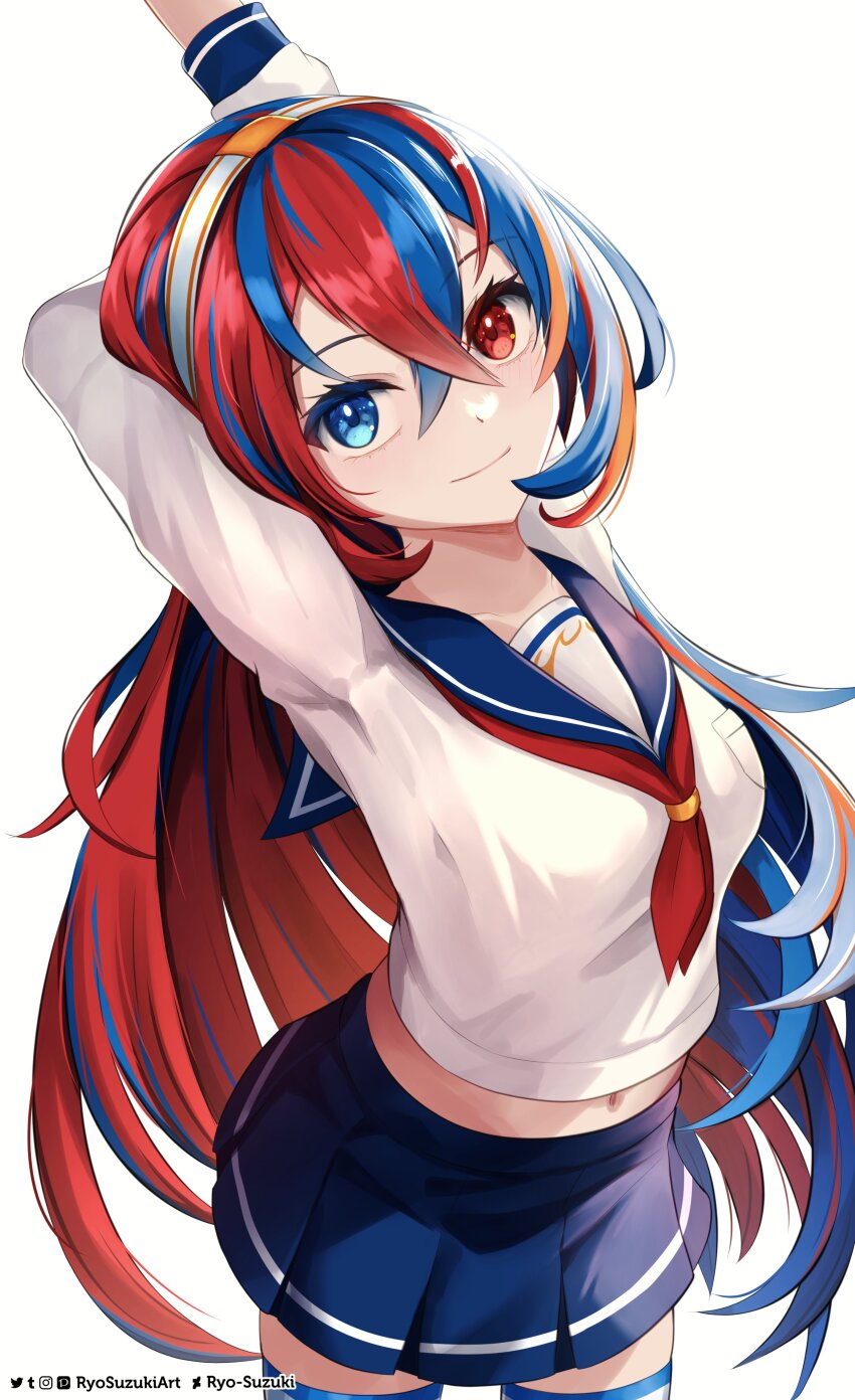 1girl absurdres alear_(fire_emblem) alternate_costume arms_up blue_eyes blue_hair fire_emblem fire_emblem_engage hairband heterochromia highres looking_at_viewer midriff multicolored_hair navel nintendo pleated_skirt red_eyes red_hair ryo-suzuki school_uniform simple_background skirt smile solo split-color_hair stretching white_background