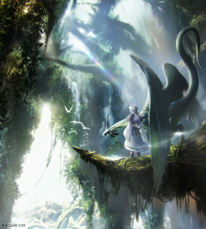 bird branch commentary copyright_name copyright_notice dragon english_commentary final_fantasy final_fantasy_ix grey_hair highres itahana_toshiyuki kuja lens_flare official_art scenery standing sunlight tree waist_cape