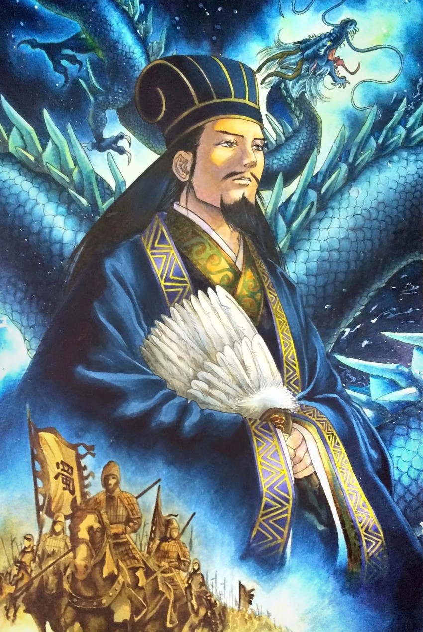 absurdres armor battle_standard chinese_armor chinese_clothes dragon eastern_dragon feather_fan flag guan_hat helmet highres holding holding_polearm holding_weapon horse horseback_riding open_mouth polearm real_life riding solo teko_kijibato traditional_media war_flag weapon zhuge_liang