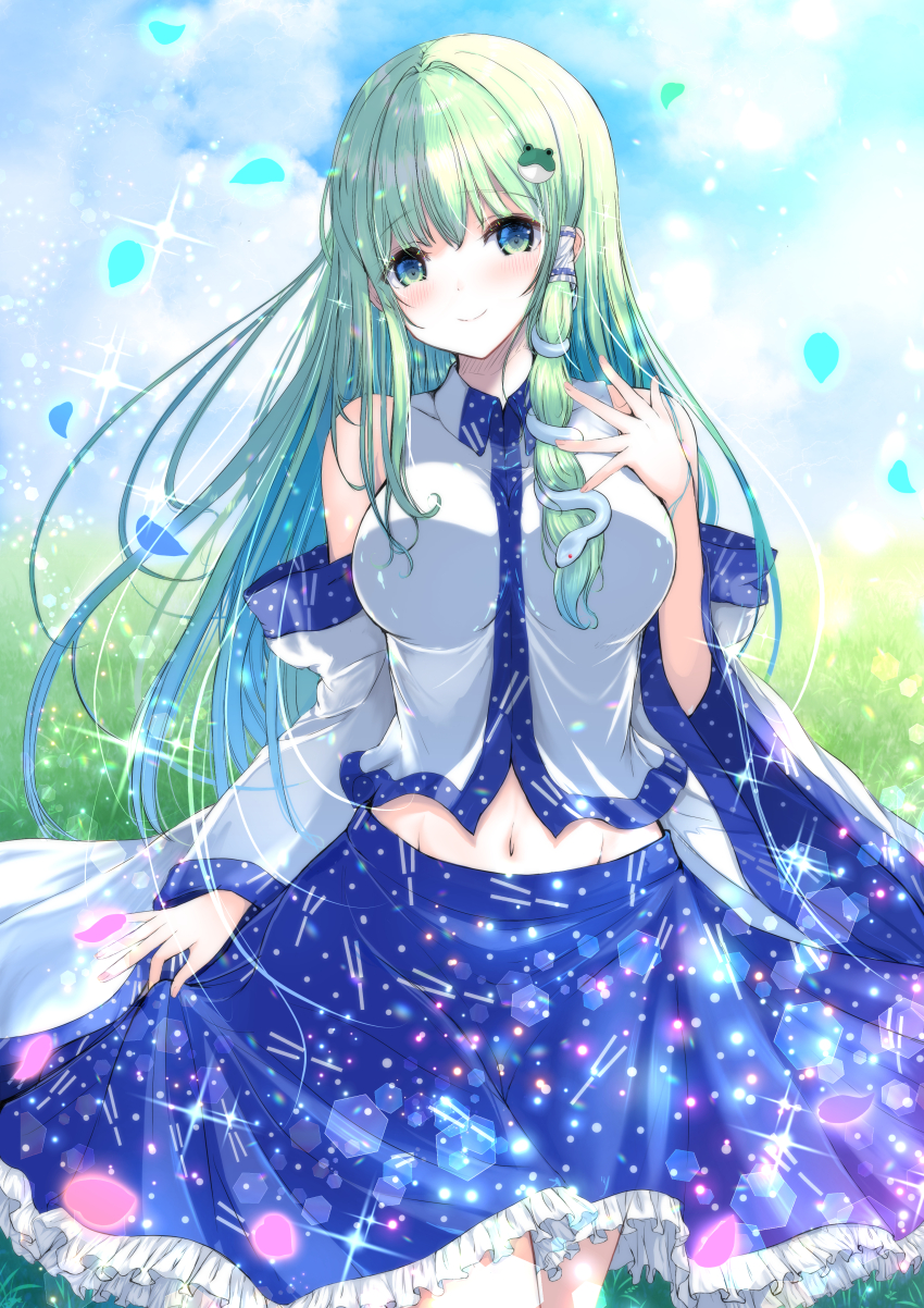 1girl absurdres blue_petals blue_skirt blue_sky blush breasts closed_mouth cloud commentary_request commission day detached_sleeves falling_petals frilled_skirt frills frog_hair_ornament green_eyes green_hair hair_ornament hair_tubes highres kochiya_sanae large_breasts long_hair looking_at_viewer navel petals pixiv_commission single_hair_tube skirt sky smile snake_hair_ornament solo sparkle tomo_(uguisu-tei) touhou very_long_hair