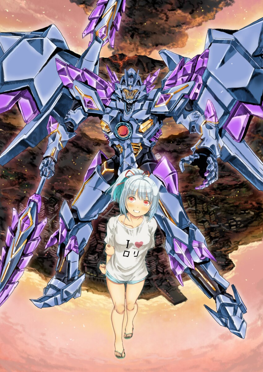 1girl absurdres arm_behind_back blue_hair blue_shorts blush collarbone colored_inner_hair colored_tips double_blade flip-flops garimpeiro glowing glowing_eyes grey_hair highres holding holding_polearm holding_weapon i_heart... looking_at_viewer lulu_(bang_bravern) mecha multicolored_hair open_hand orange_eyes parted_lips polearm robot sandals short_shorts shorts smile solo superbia_(bravern) weapon yuuki_bakuhatsu_bang_bravern