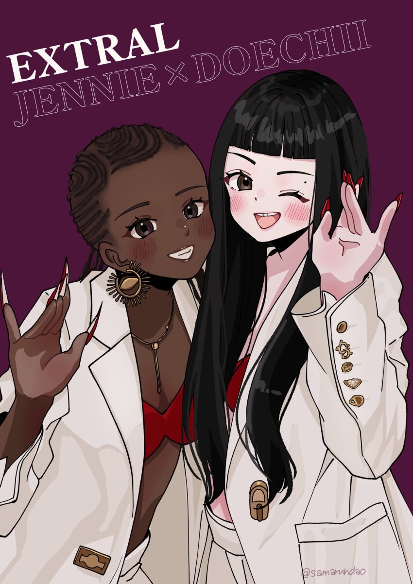 2girls artist_name_(singer) black_hair blunt_bangs blush bra braid brown_eyes brown_hair commentary cowboy_shot dark-skinned_female dark_skin doechii earrings fake_nails hashtag-only_commentary highres jacket jennie_(blackpink) jewelry long_hair mole multiple_girls necklace purple_background real_life red_bra red_nails salute samarundao simple_background smile song_name symbol-only_commentary twitter_username underwear white_jacket