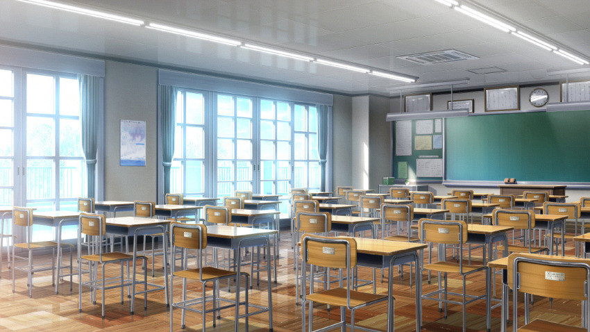 analog_clock bulletin_board chalkboard classroom clock curtains day desk film_grain game_cg indoors izumi_tsubasu no_humans non-web_source official_art overhead_lights poster_(object) re:stage! reflective_ceiling reflective_floor scenery school school_desk wall_clock window