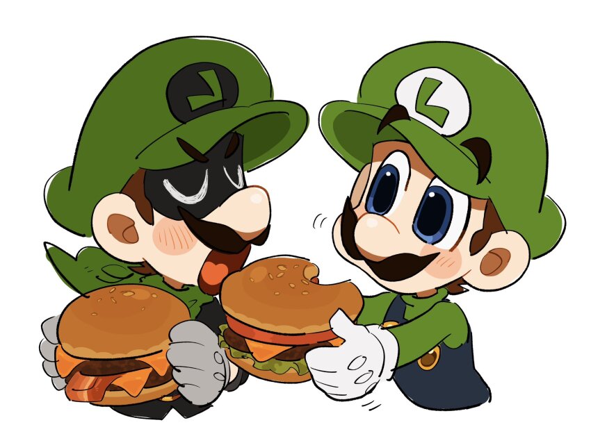 2boys ascot black_mask blue_eyes blue_overalls burger chewing closed_eyes eating facial_hair food gloves green_ascot green_hat green_shirt hat highres holding holding_burger holding_food long_sleeves looking_at_another luigi mario_(series) mimimi_(mimimim9999) mr._l multiple_boys mustache nintendo open_mouth overalls paper_mario sharing_food shirt short_hair super_paper_mario upper_body white_background white_gloves