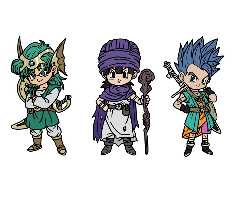 3boys black_eyes black_gloves black_hair blue_hair boots bracer cape carrying chibi chibi_only crossed_arms dragon_quest dragon_quest_iv dragon_quest_v dragon_quest_vi earrings fenyon fingerless_gloves gloves gold_armlet gold_choker gold_headdress green_eyes green_hair green_tunic hand_on_own_hip hero_(dq4) hero_(dq5) hero_(dq6) highres holding holding_staff in-franchise_crossover jewelry looking_at_viewer looking_to_the_side low_ponytail male_focus medium_hair multiple_boys muscular muscular_male pants pink_shorts ponytail purple_cape purple_turban shield shield_on_back shorts silver_armlet single_bang slime_(dragon_quest) spiked_hair staff sword sword_on_back torn_clothes tunic weapon weapon_on_back white_background white_pants white_tunic