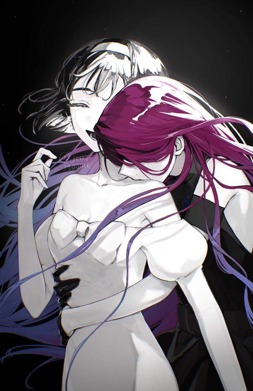 2girls alien_stage black_background black_dress black_gloves black_hair closed_eyes commentary dress gloves hashtag-only_commentary highres kiss kissing_neck long_hair mizi_(alien_stage) moonie multiple_girls off-shoulder_dress off_shoulder open_mouth pink_hair purple_hair revision short_hair signature simple_background smile sua_(alien_stage) upper_body white_dress yuri