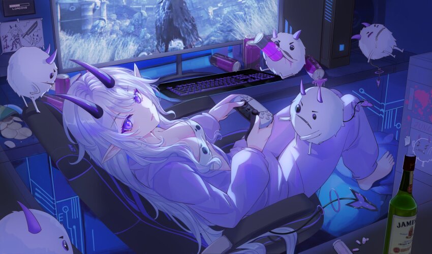 1girl alcohol bag_of_chips barefoot bloodborne bottle breasts can casual celtreny chips_(food) cleavage closed_mouth commentary computer computer_keyboard computer_tower controller creature desk drawing_(object) drink_can drinking drooling dualsense english_commentary eyelashes fangs food game_controller highres holding holding_can holding_controller holding_game_controller horns indie_virtual_youtuber indoors jacket junki_(powdur) long_hair long_sleeves looking_at_viewer lying on_back open_clothes open_jacket pants playing_games playstation_controller pointy_ears potato_chips powdur_(vtuber) purple_eyes purple_horns purple_jacket purple_pants second-party_source sitting sleeping spill tail v-shaped_eyebrows virtual_youtuber whiskey white_hair