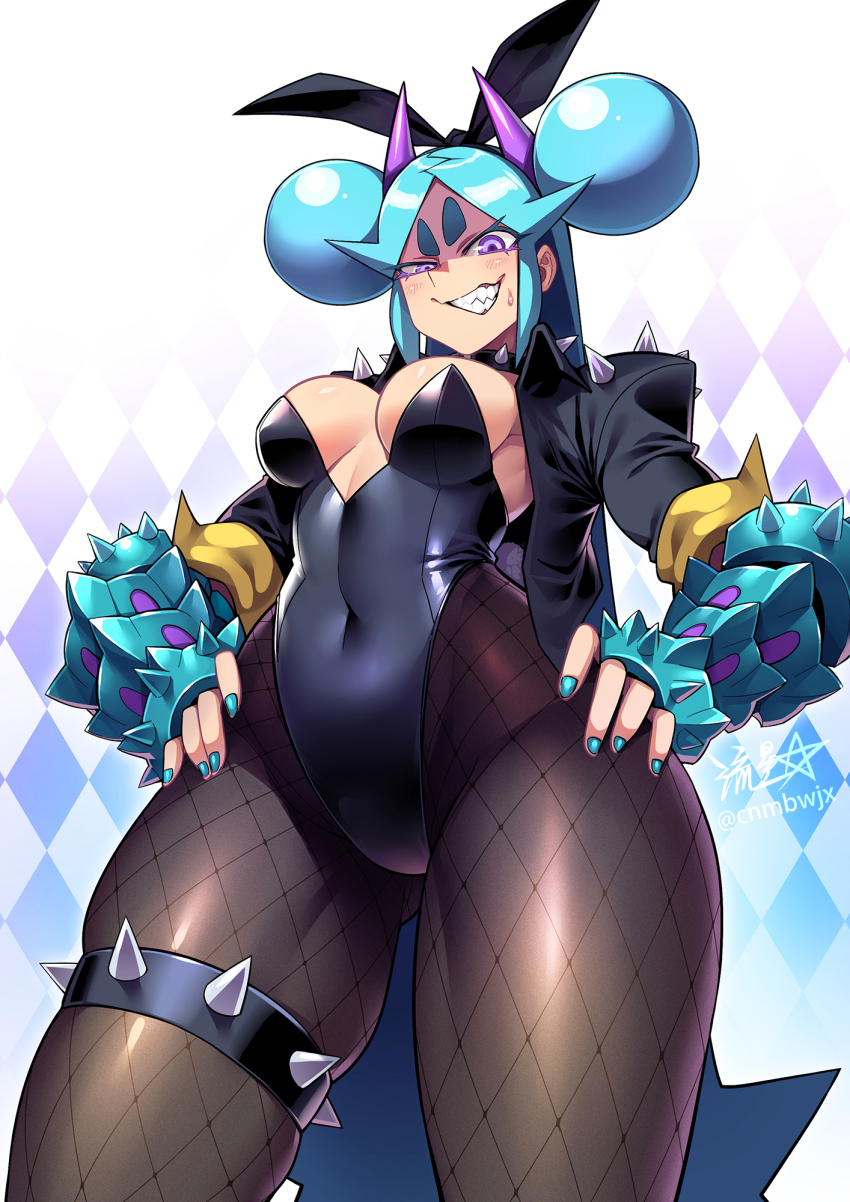 1girl argyle_background argyle_clothes arm_guards black_hairband black_jacket black_leotard blue_hair blue_nails breasts collar commentary covered_navel double_bun evil_grin evil_smile fishnet_pantyhose fishnets from_below gluteal_fold grin hair_bun hairband hands_on_own_hips highleg highleg_leotard highres horns jacket leotard long_hair looking_at_viewer medium_breasts original pantyhose purple_eyes purple_horns ryuusei_(mark_ii) shaded_face sharp_teeth shoulder_spikes shrimball_(ryuusei_(mark_ii)) signature smile solo spiked_collar spikes strapless strapless_leotard sweatdrop teeth thick_eyebrows thigh_strap thighs twitter_username very_long_hair