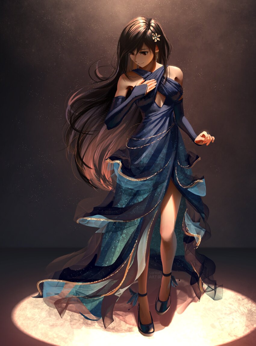 1girl absurdres anklet artist_name bare_shoulders black_hair blue_dress blue_footwear brown_eyes closed_mouth dress earrings elbow_gloves final_fantasy final_fantasy_vii final_fantasy_vii_remake full_body gloves hair_ornament high_heels highres jewelry legs light_particles long_dress long_hair looking_down safaia side_slit solo spotlight tifa_lockhart twitter_username