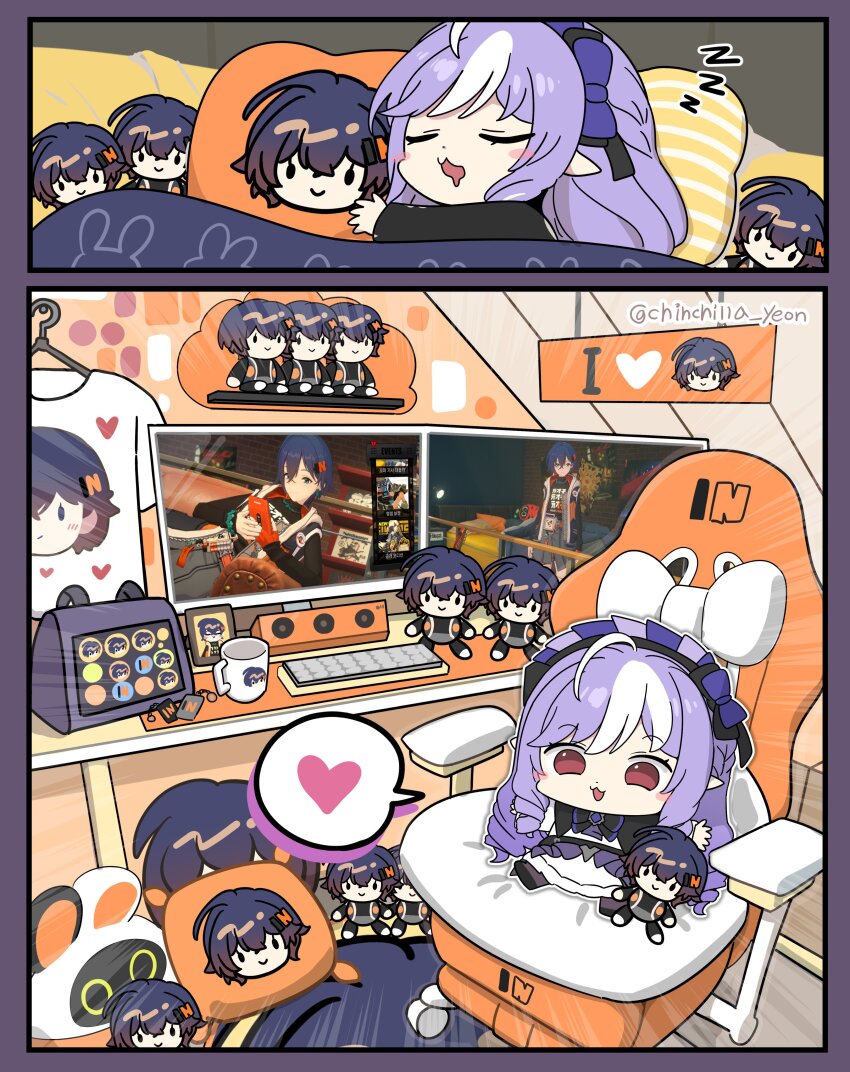 1girl absurdres ahoge bangboo_(zenless_zone_zero) belle_(zenless_zone_zero) chair character_doll character_pillow chibi commentary_request computer computer_keyboard cup drill_hair eous_(zenless_zone_zero) gaming_chair heart highres korean_commentary monitor mug multicolored_hair ooyun pointy_ears purple_hair sitting solo spoken_heart streaked_hair swivel_chair twitter_username two-tone_hair vivian_(zenless_zone_zero) white_hair zenless_zone_zero