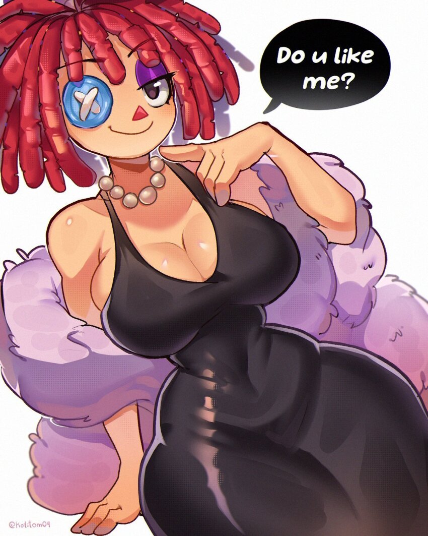 black_dress breasts button_eye cleavage curly_hair dress glitch_productions jewelry looking_at_viewer necklace pearl_necklace ragatha_(the_amazing_digital_circus) the_amazing_digital_circus