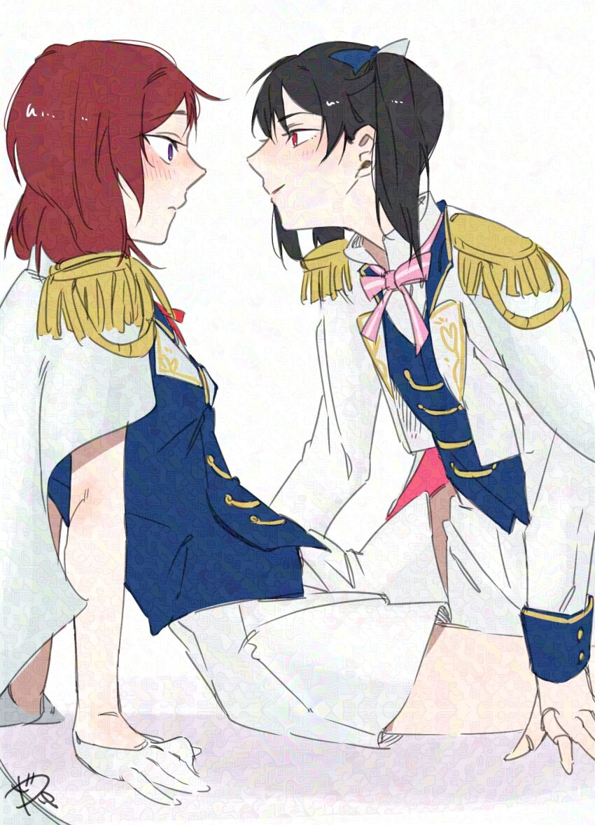 2girls adversarial_noise between_legs black_hair blue_vest blush bow bowtie closed_mouth commentary_request epaulettes eye_contact gloves highres jacket long_sleeves looking_at_another love_live! love_live!_school_idol_project medium_hair multiple_girls nishikino_maki parted_lips pink_bow pink_bowtie purple_eyes red_eyes red_hair shorts simple_background sitting smile surfacedxxc twintails vest white_background white_gloves white_jacket white_shorts yazawa_nico yuri