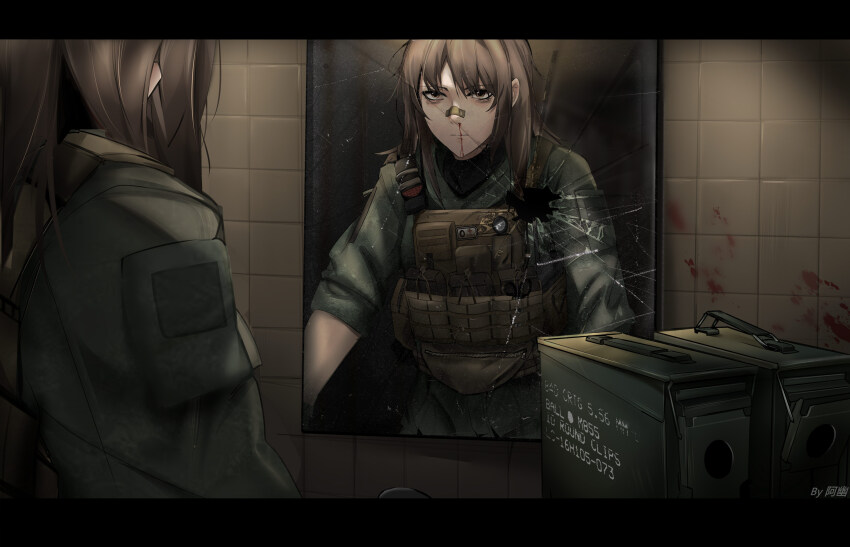1girl ammunition_box ammunition_pouch arm_pouch artist_name bags_under_eyes bandaid bandaid_on_face bandaid_on_nose bathroom blood blood_splatter broken_mirror brown_hair bulletproof_vest closed_mouth commentary english_commentary expressionless flashlight green_eyes green_jacket highres iubworks jacket letterboxed load_bearing_vest looking_at_mirror messy_hair military military_uniform mirror nosebleed original patch pouch reflection sleeves_rolled_up solo tactical_clothes tile_wall tiles upper_body