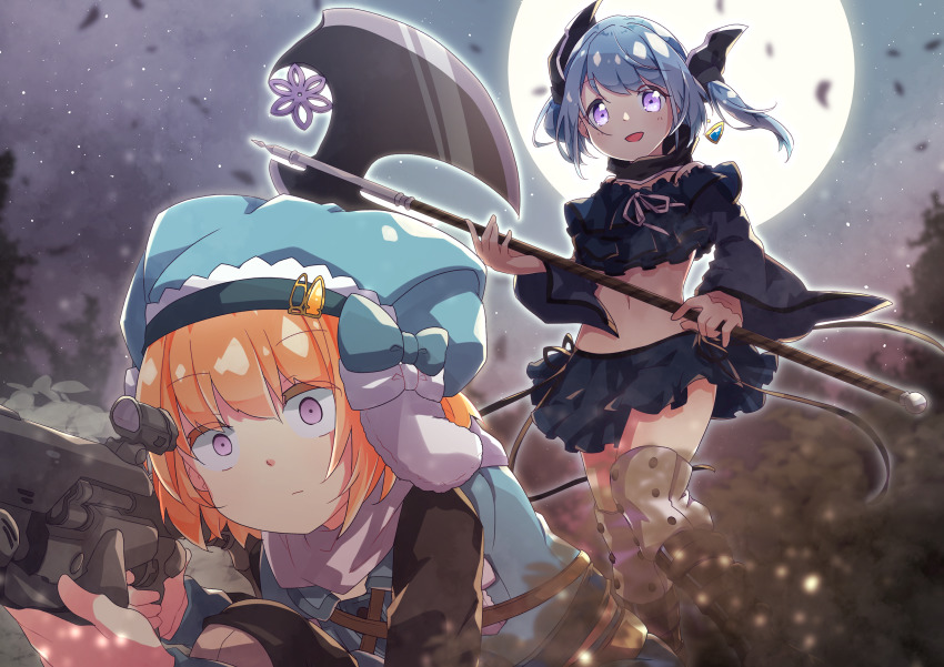 2girls absurdres axe battle_axe behind_another blue_hair full_moon hat highres kasane_ao light_particles magia_record:_mahou_shoujo_madoka_magica_gaiden mahou_shoujo_madoka_magica megitti midriff military_hat miura_asahi moon multiple_girls orange_hair purple_eyes ribbon short_hair sniper soul_gem surprised twintails weapon