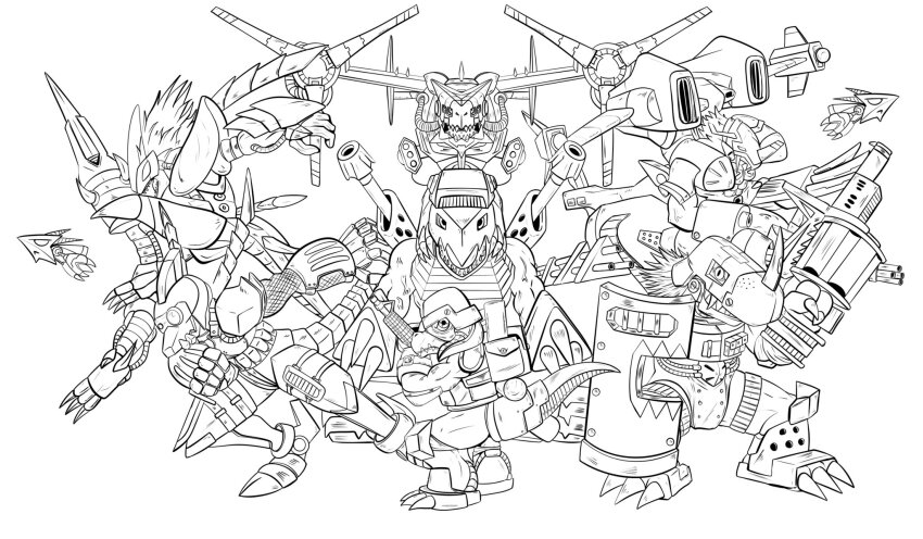 brigadramon cargodramon commandramon darkdramon digimon digimon_(creature) dragon grenade_launcher hi-commandramon highres missile missimon monochrome open_mouth sealsdramon shield tail tankdramon weapon wings